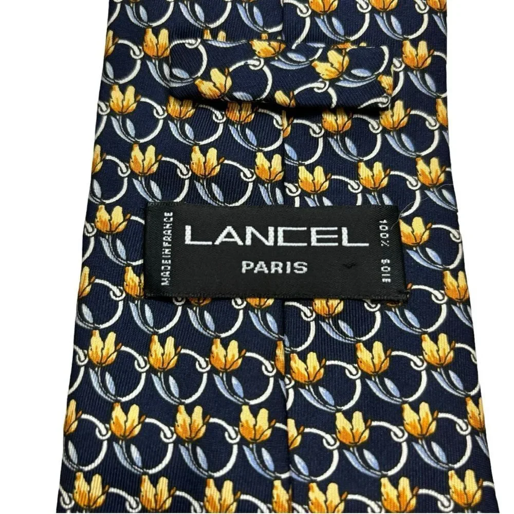 Men’s Lancel Paris Brand 100% Silk Navy‎ and Yellow Floral Neck Field